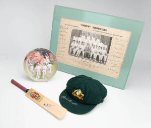 BALANCE OF COLLECTION, noted mini-bat signed by Don Bradman in perspex case; Beach Cricket shirt signed by West Indies; replica "Baggy Green" caps (2) - one signed Bob Simpson; Don Bradman signature on cap; cricket plates (8); stump signed Steve Waugh; 19