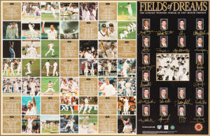 "FIELD OF DREAMS", lithograph celebrating the longest winning streak in Test Match Cricket, signed by 20 Australian cricketers including Steve Waugh, Glenn McGrath, Shane Warne & Colin Miller; limited edition 18/500, window mounted, framed & glazed, overa