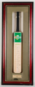 2002 AUSTRALIAN TEAM, full size Cricket bat with 14 signatures including Steve Waugh, Adam Gilchrist, Ricky Ponting & Brett Lee, in display case (faults), overall 44x104cm.