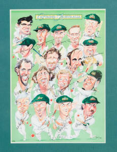 "CAPTAINS OF AUSTRALIA" print by Harv, with 16 signatures of Australian Captains, noted Neil Harvey, Arthur Morris, Ian Chappell, Bob Simpson, Richie Benaud & Adam Gilchrist; also signed by the artist and numbered 10/36, window mounted, framed & glazed, o