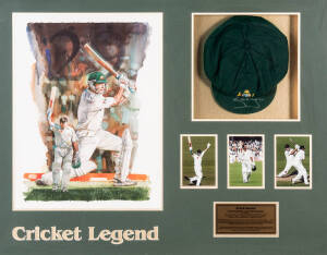 STEVE WAUGH, display "Cricket Legend" comprising signature on replica "Baggy Green", window mounted with print of Steve Waugh & 3 photographs, framed & glazed, overall 114x93cm.