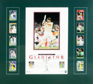 MATTHEW HAYDEN & MARK WAUGH: Display with print "Matthew Hayden - Gladiator" (No.394/500), window mounted with 10 cricket cards, framed & glazed, overall 99x88cm; plus two signed Mark Waugh displays..