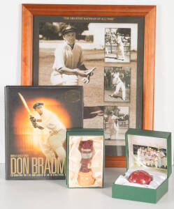 CRICKET COLLECTION, noted ceramic ball "Australian Test Players 2004-05"; Lord's ceramic Ashes urn; Bradman book, P.O.Pack, Calendar & framed Poster.