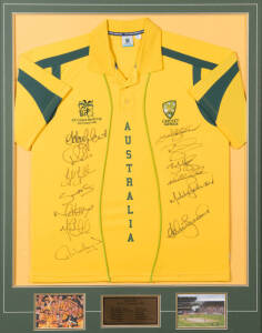 2007 WORLD CUP, display "Australia - World Cup Champions 2007" with replica australia shirt with 13 signatures including Ricky ponting, adam Gilchrist & Glenn McGrath, window mounted with 3 photos, framed (no glass), overall 92x113cm.