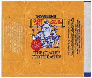 1981-89 Scanlens cricket cards in album, noted 1981 wrapper; 1986 "Clashes for the Ashes" [66] + wrapper; 1987 "Cricketers" [144]; 1989 "International Cricketers" [84]. Mainly G/VG.