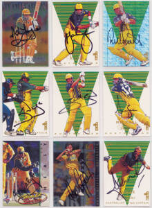 SIGNED CRICKET CARDS: c1993-98 collection in album, mostly sets with all the Australian cricketers cards signed, with c373 signed cards, noted 1995 Futera [110 - all Aust player cards signed]; 1997 Sunsmart "Victorian Bushrangers" [20 - all signed]; 1997 