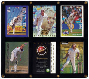 1997-98 Select "Shane Warne International Cricketer of the Year Card", #64/100 (with Redemption card); plus various common Shane Warne cards (4 - 2 signed). VG.