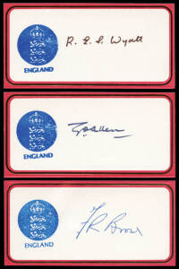 ENGLAND TEST CAPTAINS: Stock of signatures on autograph cards & cricket cards in album, noted Sir Pelham Warner, A.P.F.Chapman, Bob Wyatt, Gubby Allen, Freddie Brown, Ian Botham. Some duplication.