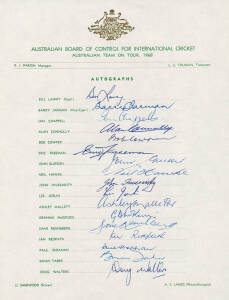 AUSTRALIAN TEAM SHEETS: Wonderful collection of official Australia team sheets, comprising 1968, 1969-70, 1977, 1979 World Cup (12), 1980, 1981 (2), 1982, 1983 World Cup, 1983 to Zimbabwe, 1983 to Sri Lanka, 1984 to India, 1984 to West Indies, 1985, 1985 