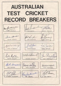 "Australian Test Cricket Record Breakers", team sheet with 18 signatures including Don Bradman, Rod Marsh, Dennis Lillee, Allan Border, Bob Simpson, Bill Lawry, Bill O'Reilly, Geoff Marsh, Mark Taylor, Keith Miller & Richie Benaud.