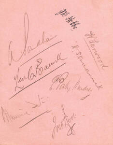 c1920s English Test Cricketers on autograph page, noted J.B.Hobbs, Andy Sandham, Len Braund (golden age), Harold Larwood, Herbert Strudwick, Patsy Hendren, Maurice Tate & Fred Root.