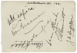 1931 Australian team, autograph page with 8 signatures - Don Bradman, Bert Oldfield, Bill Ponsford, Stan McCabe, Clarrie Grimmett, Jack Fingleton & Alan Kippax.