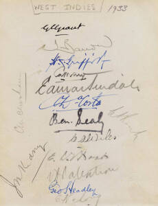 1933 West Indies team, autograph page with 15 signatures including Jackie Grant, George Headley & Herman Griffiths.