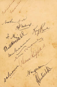 1933 NSW v Rest (Collins/Kelleway/Andrews Testimonial), autograph page with 11 signatures - Bill Ponsford, Hans Ebeling, Fred Mair, Ray Rowe, Bill Howell, Don Bradman, Ern Bromley, Alan Kippax, Bill Brown, Jack Fingleton & Jack Nitschke. Minor tone spots.