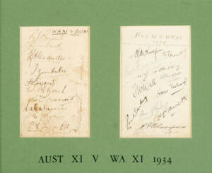 1934 Western Australia v Australian XI, autograph pages (2) with 24 signatures including Bill Woodfull, Bill Brown, Bill Ponsford & Dick Bryant, window mounted, framed & glazed, overall 30x25cm. Fair/Good condition.