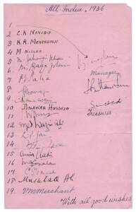 1936 Indian team, autograph page with 21 signatures including Vizzy (Sir Maharajkumar of Vizanagram - captain), Vijay Merchant & Amar Singh.