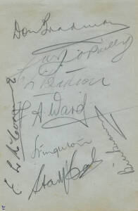 1938 Australian team, autograph page with 8 signatures - Don Bradman, Bill O'Reilly, Jack Badcock, Frank Ward, Jack Fingleton, Stan McCabe, Ernie McCormick & Bill Brown. On reverse some 1938 Empire Games athletes including South Africa's pole vault gold m