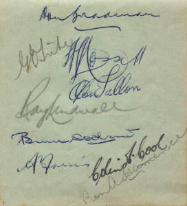 c1944-48 AUTOGRAPH BOOK, with 63 signatures, noted 1946-47 England cricket team (15 signatures); 1946-47 Australian team (9 signatures); 1948 Australian team (12 signatures); few tennis players including Jack Crawford & Gerald Patterson. Fair/Good conditi