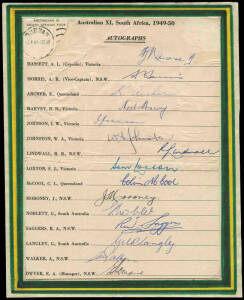 1949-50 Australian Team to South Africa, official team sheet with 15 signatures including Lindsay Hassett, Arthur Morris & Ray Lindwall. Fair/Good condition.