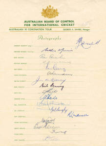 1953 Australian Team, official team sheet with 17 signatures including Lindsay Hassett (captain), Arthur Morris, Richie Benaud & Ray Lindwall. Good condition (folded).