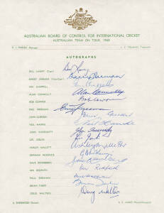 1968 Australian Team, official team sheet with 17 signatures, noted Bill Lawry, Barry Jarman & Ian Chappell. VG condition.