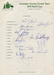 1979 Australian Team to India, official team sheet with 16 signatures including Kim Hughes (captain), Andrew Hilditch, Allan Border, Dav Whatmore & Rod Hogg.