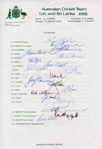 1981 Australian Team to UK and Sri Lanka, official team sheet with 19 signatures including Kim Hughes (captain), Dennis Lillee, John Dyson & Trevor Chappell.