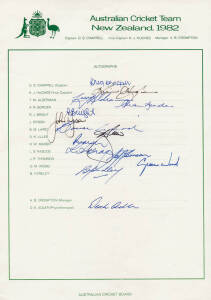 1982 Australian Team to New Zealand, official team sheet with 14 signatures including Greg Chappell (captain), Kim Hughes, Terry Alderman & Dennis Lillee.