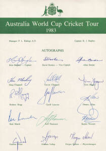 1983 Australian Team to World Cup, official team sheet with 15 signatures including Kim Hughes, David Hookes & Dennis Lillee. Fine condition.