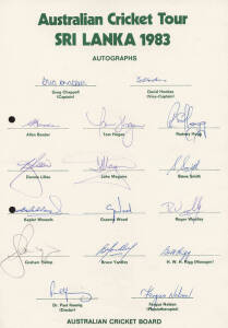 1983 Australian Team to Sri Lanka, official team sheet with 16 signatures including Greg Chappell (captain), Tom Hogan, David Hookes & Allan Border.