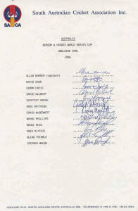 1986 Australian ODI Team, SACA team sheet with 12 signatures including an early Steve Waugh. Rare. [In this series Australia suffered it's heaviest loss in an ODI game - Aust lost to NZ by 206 runs].