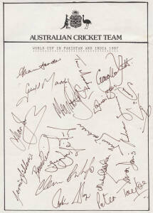 1987 Australian Team to World Cup, team sheet with 19 signatures including Allan Border (captain), Geoff Marsh & Stephen Waugh. Fine condition. [Australia won it's first World Cup, defeating arch-rivals England by 7 runs].