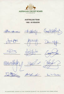 1992-93 Australian team, team sheet with 15 signatures including Allan Border, Ian Healy & Greg Matthews. Scarce.