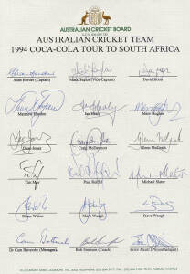 1994 Australian team to South Africa, official team sheet with 18 signatures including Allan Border, Mark Taylor & Shane Warne. VG condition.