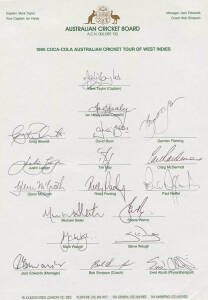 1995 Australian team to West Indies, official team sheet with 18 signatures including Mark Taylor, Ian Healy, Ricky Ponting & Shane Warne. VG condition. Scarce.