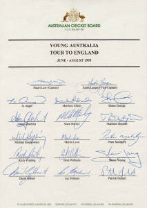 1995 Young Australian Team to England, official team sheet with 17 signatures including Stuart Law, Adam Gilchrist & Ricky Ponting.