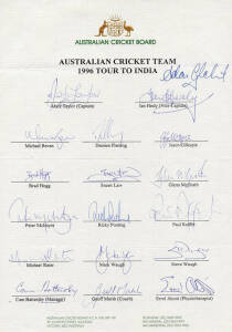 1996 Australian Team to India, official team sheet with 18 signatures including Mark Taylor, Glenn McGrath, Ricky Ponting & Adam Gilchrist (his first tour). Folded, otherwise fine condition. Scarce.