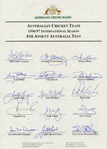 1996-97 Australian Team, official team sheet for 4th Test v West Indies, with 15 signatures including Mark Taylor, Shane Warne, Andy Bichel (his debut) & Steve Waugh. Fine condition. Scarce.