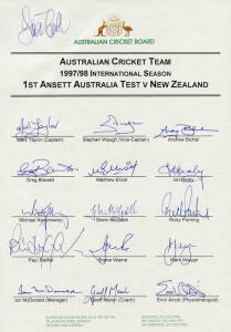 1997-98 Australian Team, 1st Test v New Zealand, official team sheet with 15 signatures including Mark Taylor, Steve Waugh & Glenn McGrath. Fine condition. RARE.