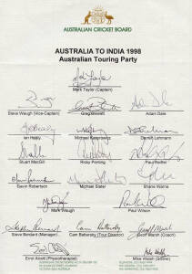 1998 Australian Team to India, official team sheet with 20 signatures including Mark Taylor (captain), Shane Warne & Steve Waugh. Fine condition.