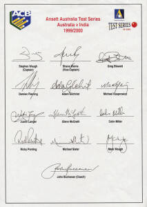 1999-2000 Australian Team v India, official team sheet with 13 signatures including Stephen Waugh (captain), Shane Warne, Adam Gilchrist & Ricky Ponting. Fine condition. Rare.