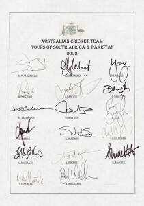 2002 Australian Team, Tours of South Africa & Pakistan, team sheet with 18 signatures including Stephen Waugh (captain), Adam Gilchrist, Glenn McGrath & Ricky Ponting. Fine condition. Rare. [Pakistan was rolled for 59 & 53 in the 2nd Test - lowest match t