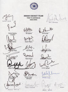 2003-04 India tour of Australia, team sheet with 24 signatures including Sourav Ganguly (captain), Sachin Tendulkar & V.V.S.Laxman. [Steve Waugh's last Test match].