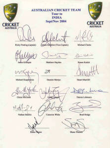 2004 Australian Tour to India, official team sheet with 17 signatures including Ricky Ponting, Adam Gilchrist & Michael Clarke. [Australia's first series win on Indian soil since 1969. Michael Clarke's first Test - Century on debut, making 151 in 1st Test