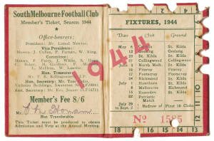 SOUTH MELBOURNE: Member's Season Ticket for 1944, with fixture list & hole punched for each game attended. Fair/Good condition.