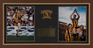 HAWTHORN: Framed displays, noted Hawthorn football jumper signed by 2001 Preliminary Finalist team with c33 signatures; display with Hawthorn Premiership team photographs; display with signed photo of Jason Dunstall.