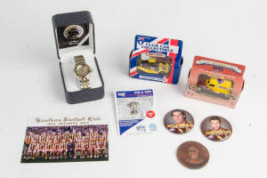 HAWTHORN: Collection including interesting range of match tickets & passes (c200); T-shirts (3 - Chris Langford 300th game, Shane Crawford 300th game & Harf-N-Hour); AFL Milennium watch; badges including Hawthorn Incentive Club badge with year pins (10) &