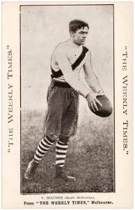 c1910 Weekly Times "Victorian Footballers Postcard" - V.Belcher (South Melbourne). G/VG.