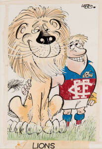 1973 Sunicrust "Wegs Fantastic Footy Cartoons" - original cartoon artwork by Weg for two of the cards - "Lions" & "Saints", window mounted together, overall 51x50cm.