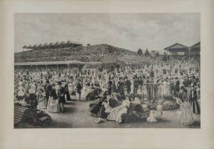 HORSE RACING PRINTS: "Derby Day at Flemington 1886", "The Lawn at Flemington on Melbourne Cup Day 1887" & "The Betting Ring at Flemington 1887", by Carl Kahler. Set of 3 prints [Melbourne, 1970], all framed & glazed, overall 74x55cm. Fair/Good condition.